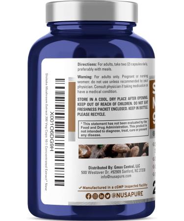 NusaPure Shiitake Mushroom Extract 9000mg - 200 Veggie Capsules | Non-GMO & Gluten-Free - Buy Online on GoSupps.com
