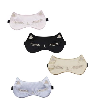 4Pcs Cute Animal Sleeping Mask Blindfold Soft Silky Sleep Aid Eye Cover Adjustable Strap for Women Travel Nap Cat Pink+silver+black+champagne