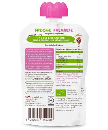 Cheeky Friends Bio Quetschie - Organic Fruit Pouches for Kids | Apple Strawberry Cherry Blueberry & Raspberry | Gluten-Free & Vegan | 2x6 Pack (12x100g) - Buy Online on GoSupps.com