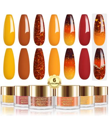 Lavender Violets Dip Powder Nail Kit Large Capacity Set - 6 Colors Yellow Pumpkin Orange Dark Gold Autumn Winter Color Changing Long Lasting Dipping Powder System for Nail Art Manicure J206 Amber