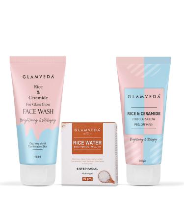 Glamveda Rice & Ceramide Korean Glass Skin Combo Gift Pack | Skin Brightening & Anti Dullness Gift Set For Men & Women | SLS Paraben Free