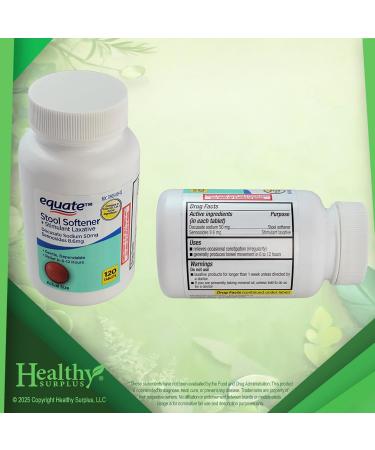 Healthy Surplus Equate Stool Softener Docusate Sodium 50mg Sennosides 8.6mg Laxative - 120 Tablets and Vital Volumes Constipation Stips Guide Bundle - Buy Online on GoSupps.com