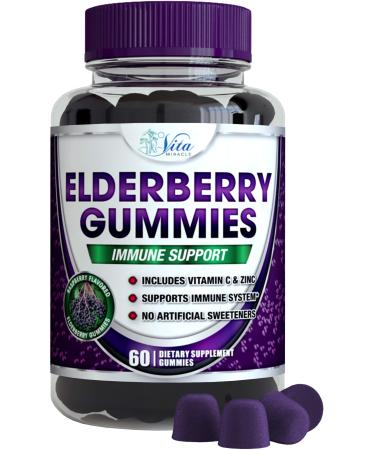 Elderberry Gummies | Elderberry with Zinc and Vitamin C for Adults | 100mg | Kids Immune Support Black Sambucus Elderberry Gummy Adult and Children Vegan Immunity Gummies Non-GMO All Natural 60 Count 60 Count (Pack of 1)