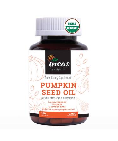 INCAS Organic Certified Pumpkin Seed Oil, 3,000mg Per Serving, 180 Softgels | Cold Pressed, Pure Virgin Oil, Herbal Supplement | Supports Urinary, Bladder & Prostate Health | Non-GMO