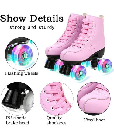 XUDREZ Double-Row PU Leather Roller Skates - Shiny Pink Flash - Unisex Size 9.5/11 - Buy Online on GoSupps.com