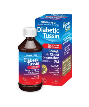 Diabetic Tussin DM Maximum Strength Cough Medicine with Chest Congestion Relief - 8 Fl oz - Liquid Cough Syrup, Safe for Diabetics, Berry Flavored 8 Fl Oz (Pack of 1)