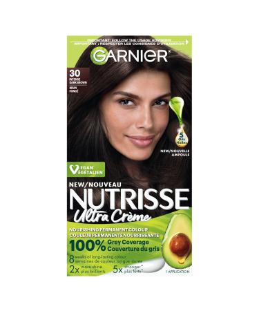 GARNIER Nutrisse Cream Permanent Hair Colour 30 Intense Dark Brown 100% Grey Coverage Nourished Hair Enriched With Avocado Oil 1 Application BROWN SHADES 30 Intense Dark Brown