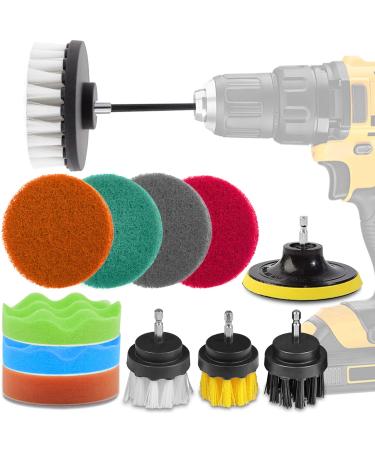 Drill Brush Attachments Set FONSWEA 14-Piece Drill Brush Set for Cleaning Power Scrubber Brush Scrub Pads and Sponge Kit with Extend Attachment for Tiles Corners Kitchen Car Carpet Bathroom Shower Type E 14 Pcs
