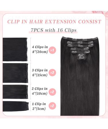 Vlasy Clip in Hair Extensions 16 Inch - Black Brown Human Hair 7 Pcs Seamless Straight Clip in Extensions for Women - Buy Online on GoSupps.com