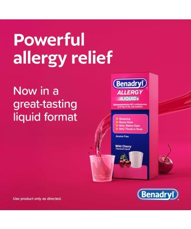 Benadryl Allergy Medicine Liquid Diphenhydramine HCl Antihistamines for Adults Alcohol-Free Hay Fever Allergy Relief for Sneezing Runny Nose Itchy & Watery Eyes Wild Cherry 4 fl oz - Buy Online on GoSupps.com