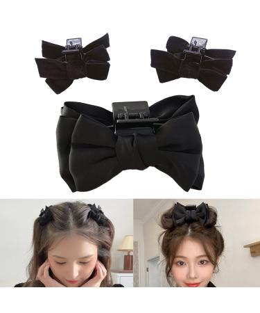 3Pack Hair Claw Jaw Clips Set For Women Girls - Large Satin Solid Bow Hair Clips And Small Claw Hair Clips Black Hair Decor Accessories Grosgrain Ribbon Hair Claw Clips (1 Hair Clips SetA)