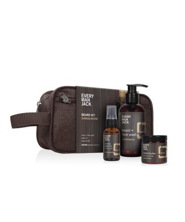 Every Man Jack Mens Sandalwood Beard Set - Perfect for Every Guy - Includes Full-Sized Grooming Essentials - Beard + Face Wash, Beard Oil, Beard Butter + Dopp Bag Sandalwood Dopp