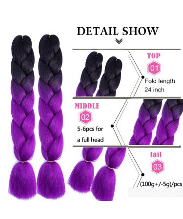 Ombre Braiding Hair Extensions - 24 Inch Jumbo Synthetic Black to Purple - 6Pcs 100g Crochet Hair - Buy Online on GoSupps.com