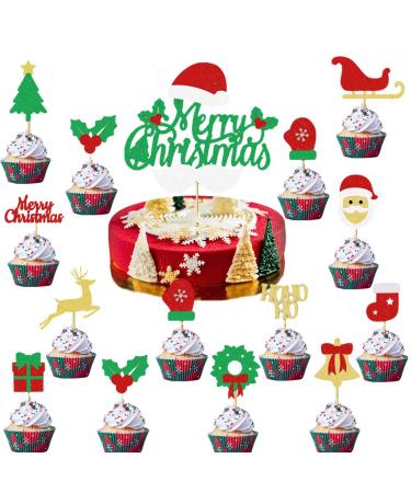 25 PCS Christmas Cake Toppers Christmas Cupcake Toppers Glitter Gold Green Red Cupcake Decorations for Christmas Holiday Snowman Cupcake Decorations Santa Claus Party Supplies Cupcake Decorations