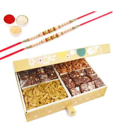 Ghasitaram Gifts Rakhi Gifts for Brothers Dryfruit - 4 Part with Almonds Raisins and Sugarfree Bites 600 GMS with 2 Pearl Rakhis Almonds Raisins and Sugarfree Bites & 2Rakhis