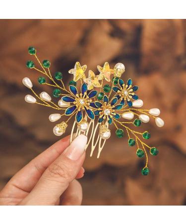 IYOU Baroque Bridal Hair Comb Flower Green Bride Headpiece Star Pearl Wedding Side Combs Bridesmaid Guest Hair Accessories for Women