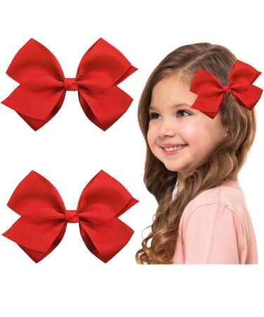 2 Pieces Hair Bows Clips Grosgrain Ribbon 4.5" Hair Bows with Alligator Clips for Baby Girls Infant Toddlers Kids (Red)