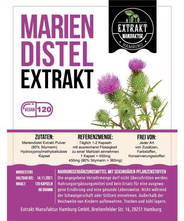 Mary Thistle Extract 80% Silymarin | 120 Vegan Capsules 450mg | High Dose Additive-Free | Made in Germany - Buy Online on GoSupps.com