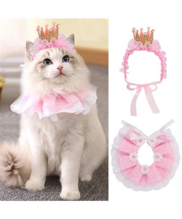 Legendog Cat Bandana for Cats, Princess Cat Costumes for Cats, Cute Lace Dog Bandanas and Cat Crown Accessories for Cats Small Dogs, Pink Outfit for Birthday Party A-Pink