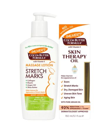 Palmer's Stretch Mark Care Body Lotion + Body Oil Cocoa Butter Formula with Vitamin E Skin Care Bundle for Pregnant Women Includes 1 Massage Oil (5.1 fl oz) and 1 Massage Lotion (8.5 fl oz) Value pack