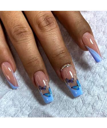 Ballerina French Tip Press on Nails Medium Length  Square Blue Butterfly Design Fake Nails Nude With Rhinestones False Nails Full Cover Glue on Nails Acrylic Artificial Nails stick on Nails 24Pcs