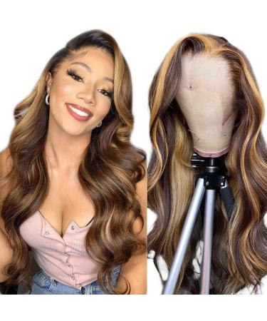 ABALON Honey Blonde Body Wave Lace Front Wigs Human Hair Pre Plucked with Baby Hair Colored Highlight Ombre 13x4 HD Transparent P4/27 180% Density Lace Fontal Wigs for Women Natural Hairline 24Inch 24 Inch