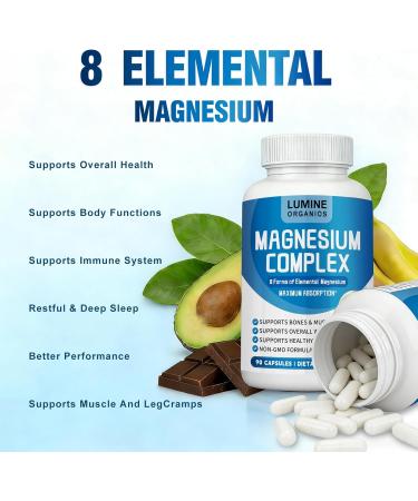 Lumine Organics Magnesium Complex Supplement 1000mg Advanced 8-in-1 Magnesium Blend Non-GMO 90 Capsules (1) - Buy Online on GoSupps.com