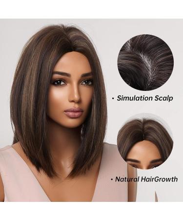 Allbell Brown Bob Wig with Blonde Highlights - Short Straight Synthetic Hair Middle Part for Women - Buy Online on GoSupps.com