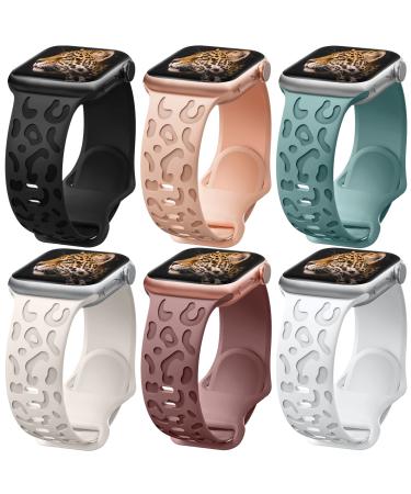 6 Pack Leopard Engraved Band Compatible with Apple Watch Band 38mm 44mm 45mm 49mm, Waterproof Cheetah Sport Silicone Wristbands Replacement for iWatch Series 8 7 6 5 4 3 2 SE for Women Starlight-38 A-Black/Pink Sand/Pine Green/Starlight/Smoke Violet/White