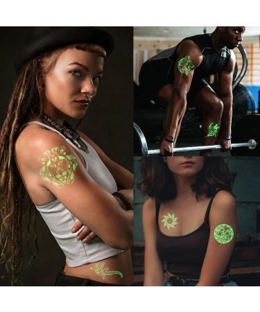 Glow in Dark Temporary Tattoos for Men, Women, and Kids - 14 Sheets Moon Sun Wolf Lion Totem Waterproof Body Art Sticker - Buy Online on GoSupps.com