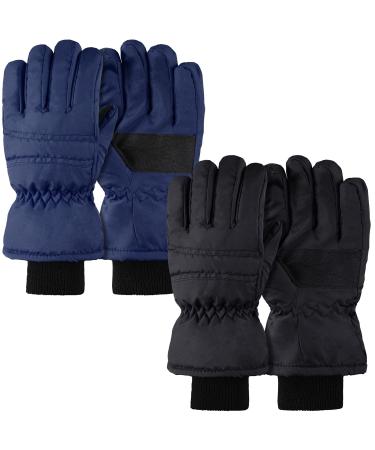 2 Pairs Kids Ski Gloves Waterproof Winter Mittens Warm Full Finger Gloves Snow Gloves for Children Black and Navy Blue 5 - 10 Years