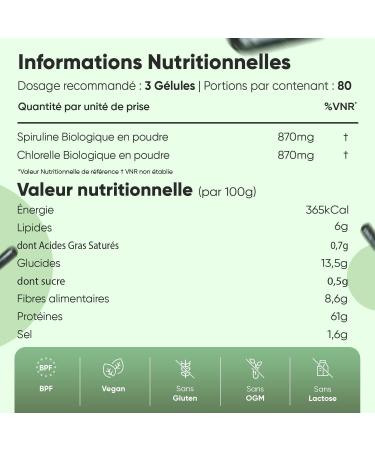 Spiruline Chlorella Bio - 240 G lules Vegan 1740 mg par Portion Riches en Prot ines Fer Vitamines B Chlorophylle & Acides Gras Essentiels - Om ga 3 & 6 Algues Alimentaires Spiruline & Chlorelle - Buy Online on GoSupps.com