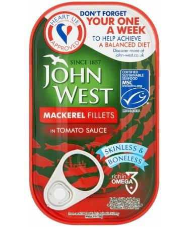 John West Mackerel Fillets in Tomato Sauce- Skinless & Boneless - High in Omega 3 - Great Flavour - 10x125g - Buy Online on GoSupps.com