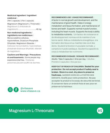 Vitasave Magnesium L-Threonate | 144mg Elemental Magnesium | Super Absorption - Energy Metabolism - Supports Muscle Function | Non-GMO Vegan-Friendly 120 Capsules per Bottle - Made in Canada - Buy Online on GoSupps.com