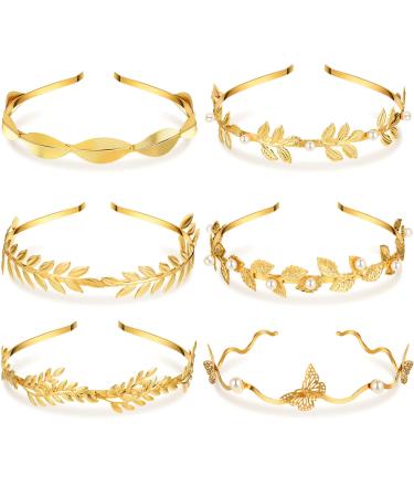 Kacctyen 6 Pcs Gold Leaf Wedding Headbands Set Flower Faux Pearls Headband Golden Bridal Tiara Greek Queen Crown Headpiece Metal Laurel Leaf Hairband for Women Girls Costume Hair Accessories