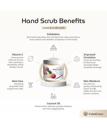 CalmGrace Exfoliating Hand Scrub with Dead Sea Salts Lychee & Vanilla Scent | 7.6oz | Hand Scrub Exfoliator in Sorbet Texture Fortified with Aloe Vera Coconut Oil Vitamin C | Body Care Moisturizer - Buy Online on GoSupps.com