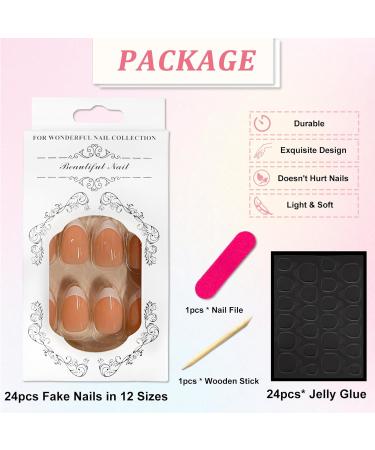 24 Pcs Nude Almond & French White Press-On Nails | Full Cover Artificial Acrylic Fingernails with Nail Glue Sticker for Women & Girls - Buy Online on GoSupps.com