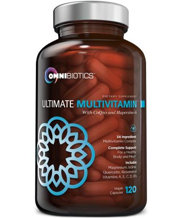 OmniBiotics Ultimate Daily Multivitamin for Women & Men 34 Essential Ingredients Including Vitamin A, C, D, E, B6, B12, Biotin, Zinc 120 Vegan Capsules Ultimate Daily Multivitamins 120 Count (Pack of 1)