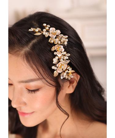 Kercisbeauty Gold Flower and Rhinestone Hair Comb for Wedding Brides Bridesmaid Crystal Head Pieces Collection for Women