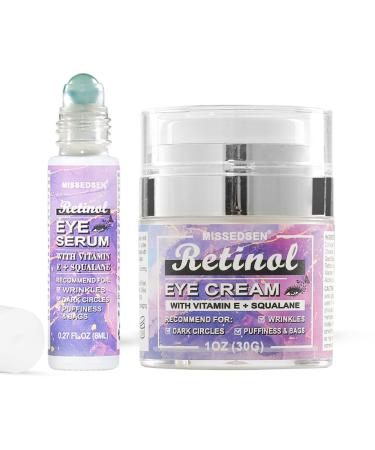 Eye Cream & Roller Serum Set with Retinol Vitamin E Squalane Hyaluronic Acid for Dark Circles Eye Bags & Fine Lines Under Eyes Brighten Under Eyes 1OZ&0.27OZ