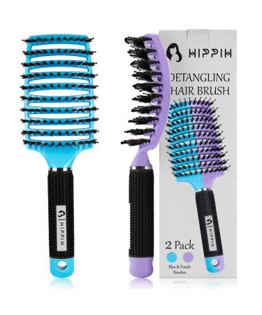 Boar Bristle Hair Brush 2 Pack, HIPPIH Wet & Dry No Pull Curved Vented Hair Brush, Styling Voremy Magical Brush Detangler for Kids & Men, Hairbrush for Women Can Adds Shine & Smooth Curly Thick Hair Purple and blue