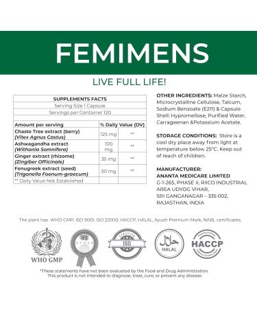 FEMIMENS Ananta Medicare Herbal Remedy for PMS Relief - 120 Capsules | Dietary Supplement for Women's Health - Buy Online on GoSupps.com