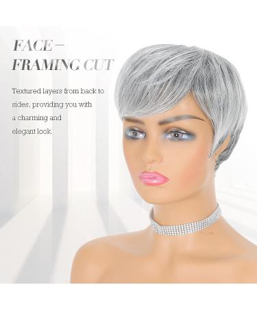 FESHFEN Synthetic Ombre Gray Pixie Cut Wig with Bangs - Layered and Wavy Grey to Black Hair for Women - Buy Online on GoSupps.com