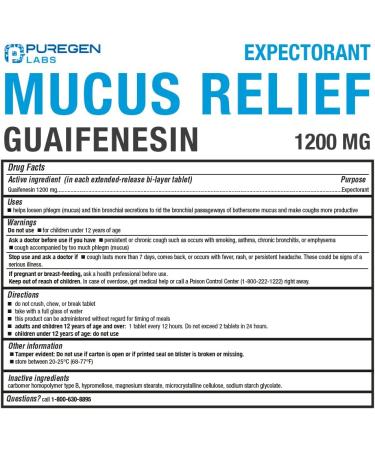 Puregen Labs Mucus Relief 12 Hour Extended Release Guaifenesin 1200mg Maximum Strength - 220 Tablets | Relief from Cough, Cold, Nasal & Chest Congestion - Buy Online on GoSupps.com