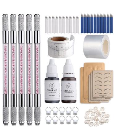Charme Princesse Eyebrow Microblading Kit Double Sided Manual Pen Kit with 20Pcs Needles Pigment Practice Skin Eyebrow Ruler Ring Cup for Permanent Makeup Supplies EK910S20-1
