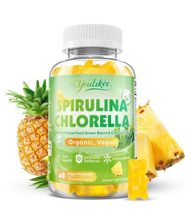 Organic Spirulina Chlorella Gummies Super Greens Blend with Protein Chlorophyll Vitamin C D3 B12 Zinc Supports Daily Energy Immune System & Antioxidant Intake Pineapple Flavor 60 Count 60 Count (Pack of 1)