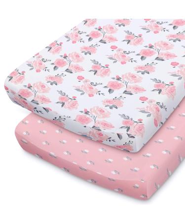 The Peanutshell Pink Floral Changing Pad Cover Set for Baby Girls | 2 Pack Set | Pink Roses & Ditsy Floral