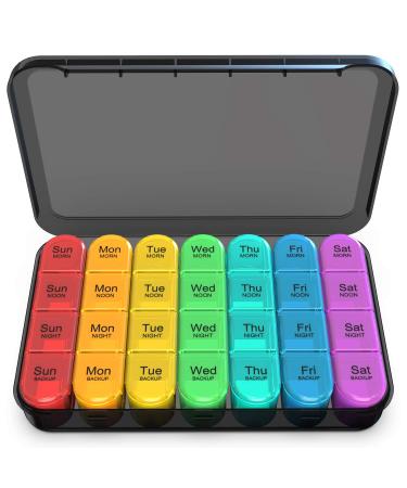 Weekly Pill Organizer, Large Pill Box Case ( 7-Day / 4-Times-A-Day ) with Big Compartments to Hold Plenty of Fish Oils, Vitamins, Morning noon Night Medication Dispenser (Black & Rainbow)