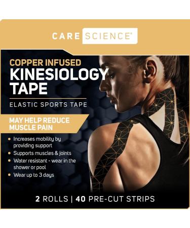 Care Science Waterproof Kinesiology Tape - 40 ct Precut Strips (2 Rolls) | Copper Infused Water Resistant Elastic Athletic Tape for Sports & Weightlifting - Muscle Strain Relief & Joint Support - Buy Online on GoSupps.com