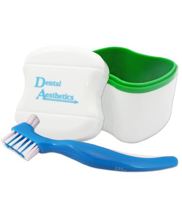 Denture Bath & Brush Storage Container for Soaking Dentures Brush with Double Bristle Head (Green Bath Blue Brush)
